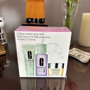 Clinique Skincare Trio with Green, Purple, and Yellow Packaging